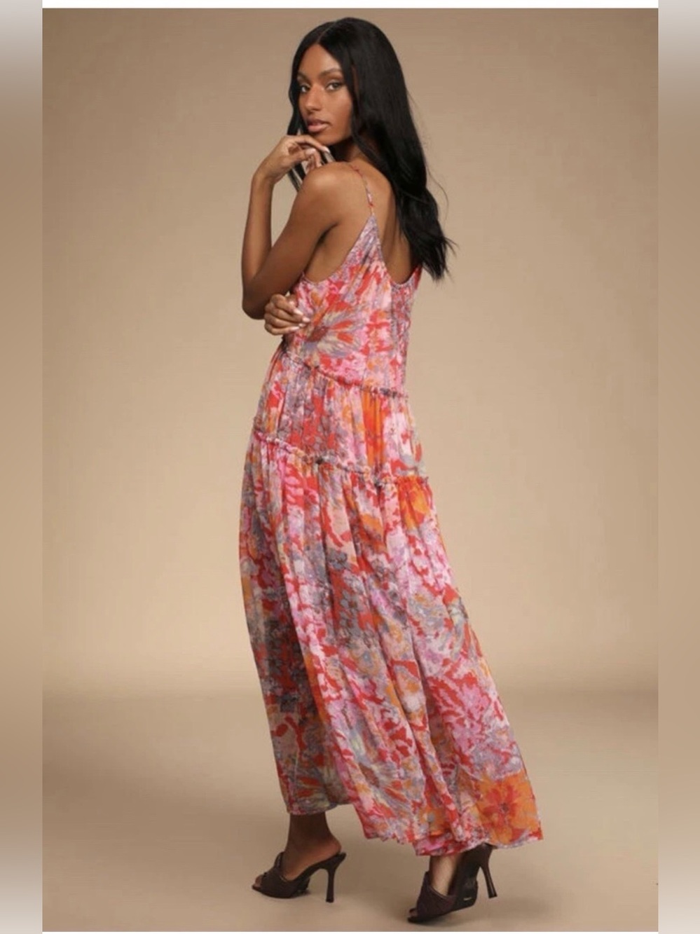 Free People Red Julianna Chiffon Maxi Dress Bohemian Summer Deep V Pockets Flowy - Picture 4 of 16